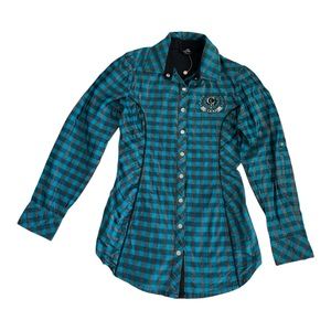 Coogi Women's Metallic Plaid Longsleeve Snap Front Shirt Size S Blue/Black